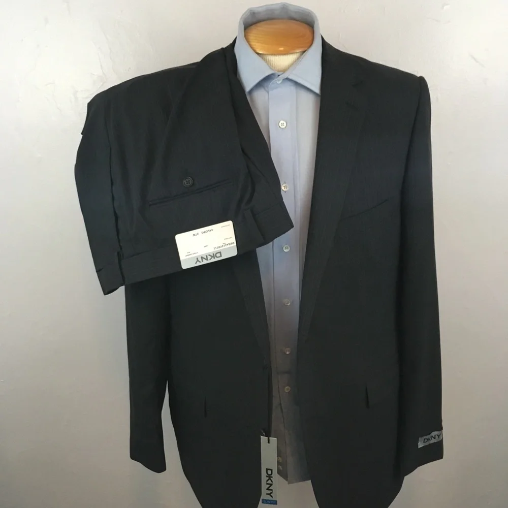 Dkny 44L mens suit gray blue tan stripes slim fit 100% wool 2 piece new ea0104